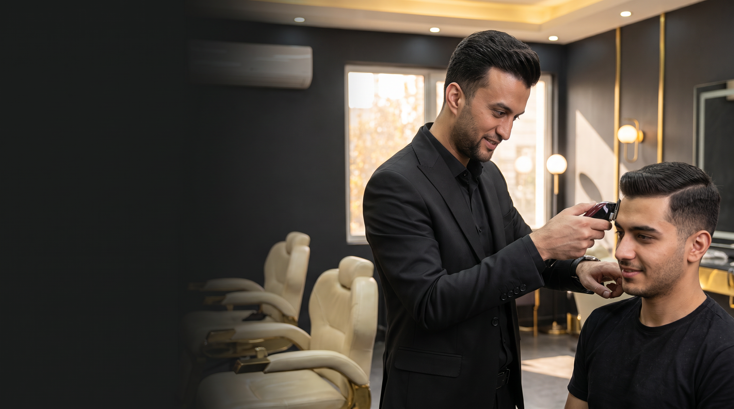 مجتبی علینژاد در حال آموزش آرایشگری مردانه