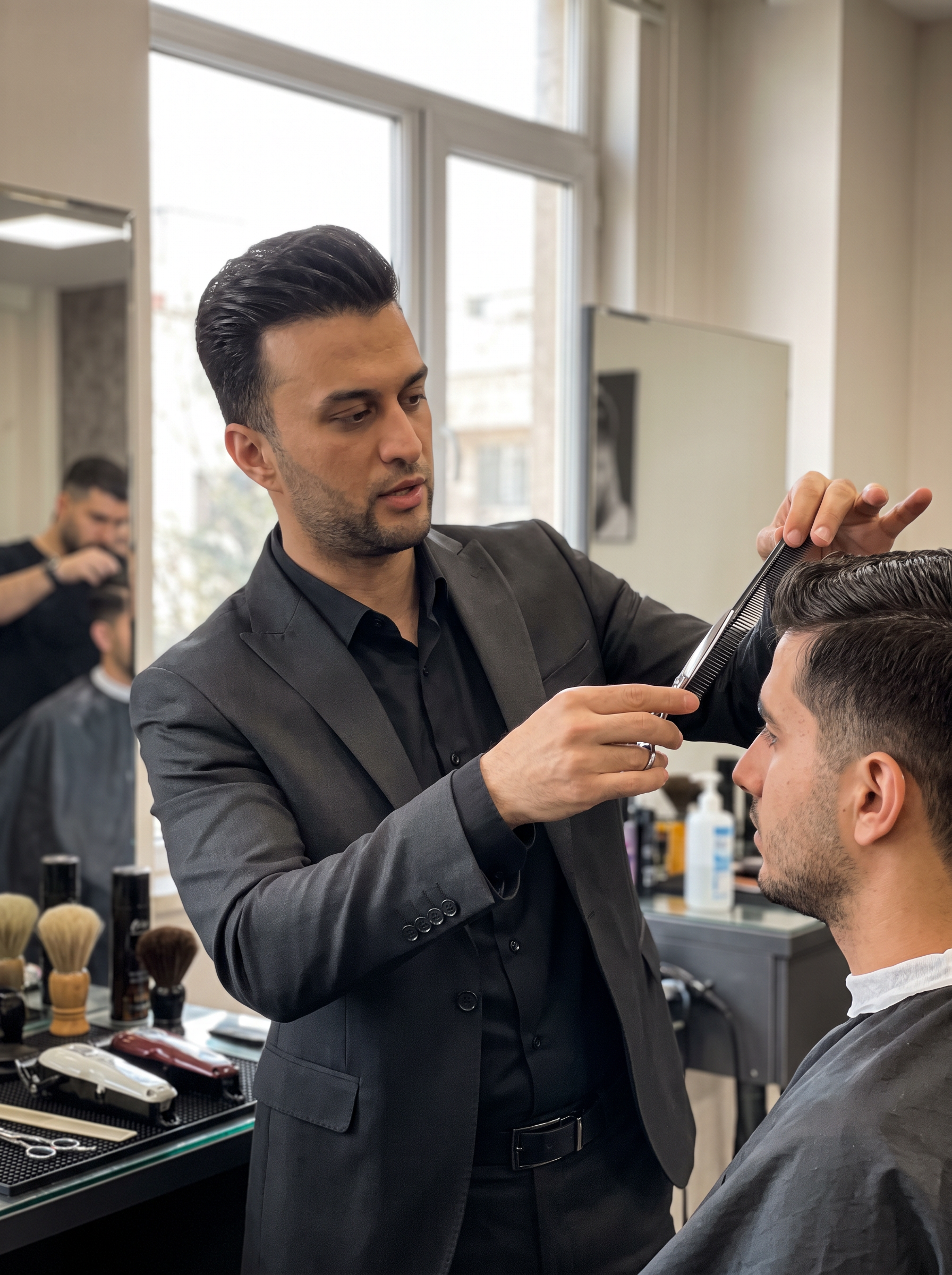 مجتبی علینژاد مدرس آرایشگری مردانه در حال آموزش عملی